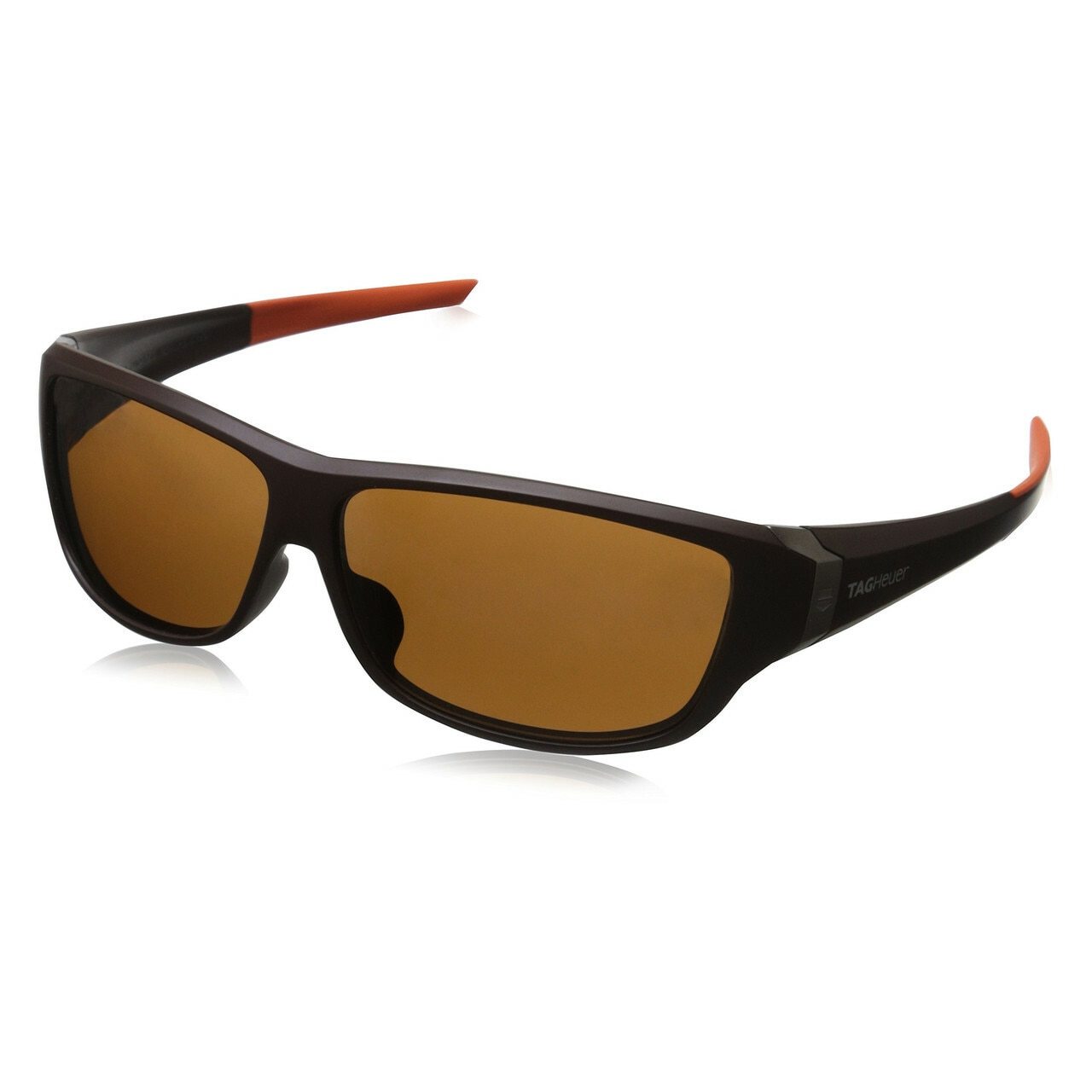 TAG Heuer 9225 202 Racer sunglasses featuring a matte brown frame with orange accents and brown outdoor lenses, designed for style and comfort.